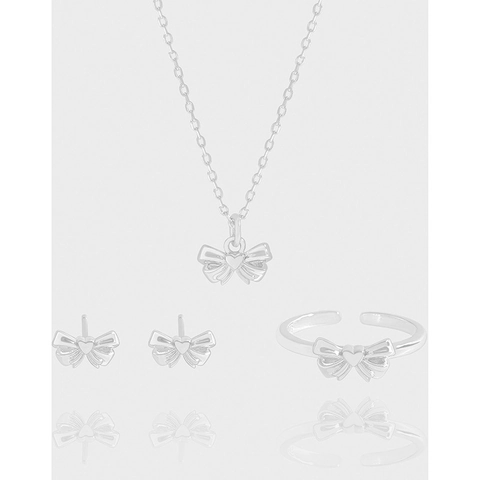 Boucles d'Oreilles Clous Nœud Cœur en Argent Sterling 925 Bague Ouverte Ajustable Collier Pendentif pour Femme Bijou Élégant Doux