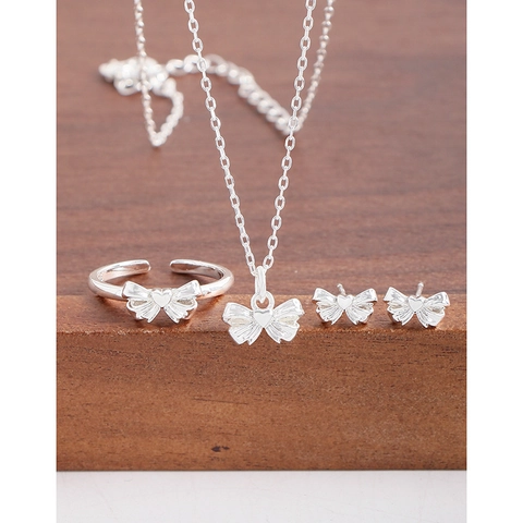 Boucles d'Oreilles Clous Nœud Cœur en Argent Sterling 925 Bague Ouverte Ajustable Collier Pendentif pour Femme Bijou Élégant Doux