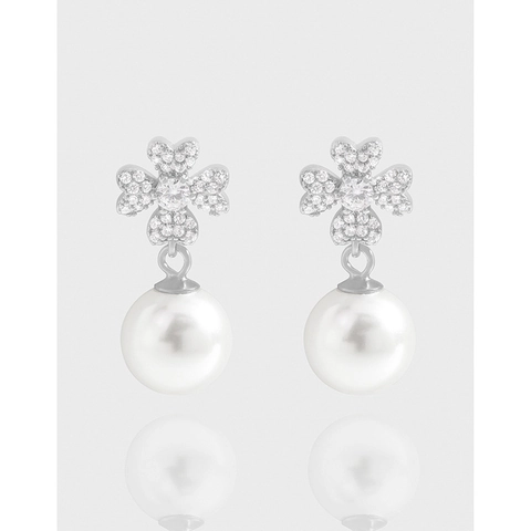 Orecchini a Bottone in Argento Sterling 925 Con Quadrifoglio Zirconia e Perla Artificiale per Donna Gioielli Stile Coreano