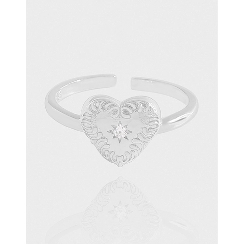 Vintage 925 Sterling Silver Heart Ring For Women Minimalist Embossed Rhinestone Inlaid Adjustable Open Finger Ring