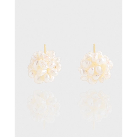Pendientes de Botón de Plata de Ley S925 Racimo de Perlas Naturales Flor Baño en Oro 18K Joyería Hecha a Mano para Mujer