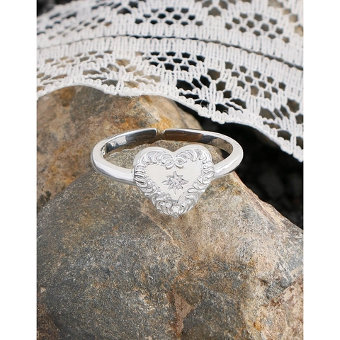 Vintage 925 Sterling Silver Heart Ring For Women Minimalist Embossed Rhinestone Inlaid Adjustable Open Finger Ring