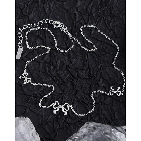925 Sterling Silver Bow Necklace For Women Hollow Bow Pendant Necklace With Rhinestone Minimalist Clavicle Chain Jewelry Gift