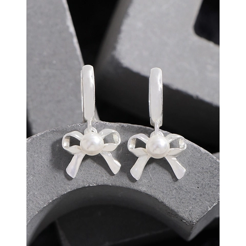 925 Sterlingsilber Schleife Künstliche Perle Creolen Für Damen S925 Gestempelt Bandschleife Tropfenohrringe Eleganter Schmuck Geschenk