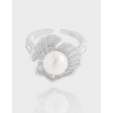 S925 Sterling Silver Shell Pearl Ring For Women Light Luxury Artificial Pearl Rhinestone Inlaid Open Adjustable Finger Ring