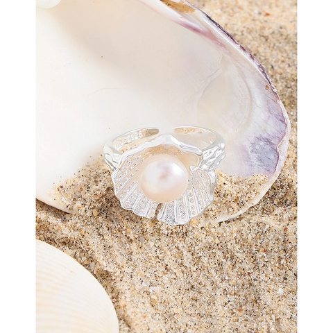 S925 Sterling Silver Shell Pearl Ring For Women Light Luxury Artificial Pearl Rhinestone Inlaid Open Adjustable Finger Ring