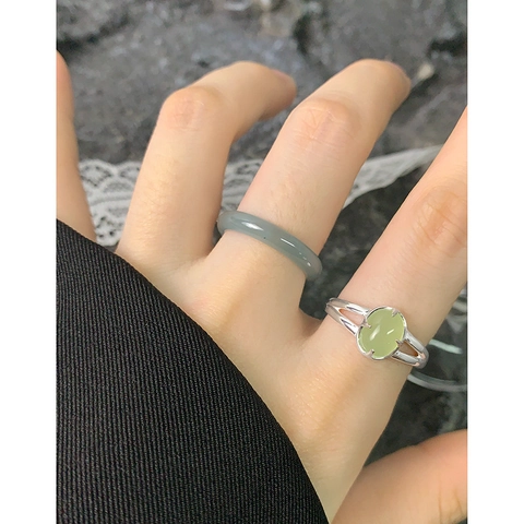 Anello in Agata Argento Sterling 925 Minimalista per Donna Vintage Geometrico Tondo Verde Pietra Naturale Gioielli Regalo