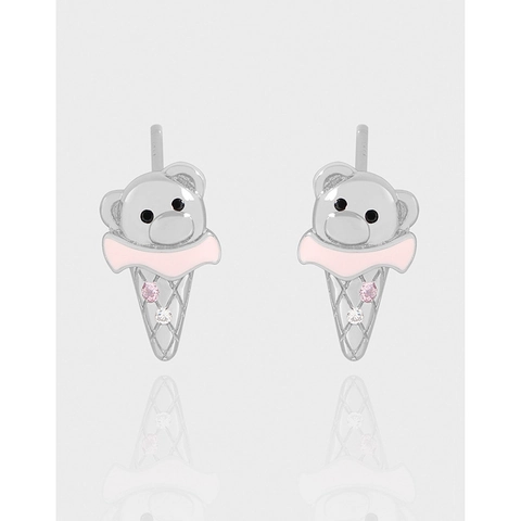 Lindos Pendientes de Botón de Oso Helado de Plata de Ley 925 Esmalte Rosa Diamantes de Imitación Joyería para Mujer