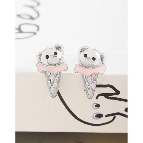 Lindos Pendientes de Botón de Oso Helado de Plata de Ley 925 Esmalte Rosa Diamantes de Imitación Joyería para Mujer