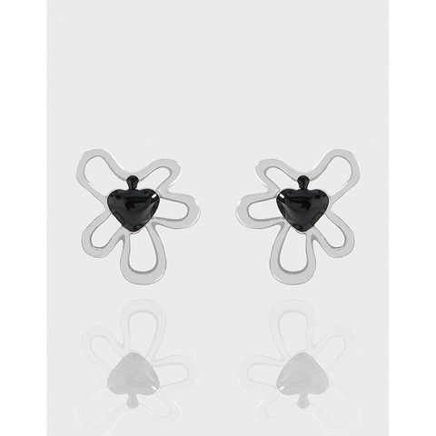 Orecchini a Bottone in Argento Sterling S925 Fiore Cavo Cuore Nero Smaltati per Donna Gioielli Eleganti Minimalisti