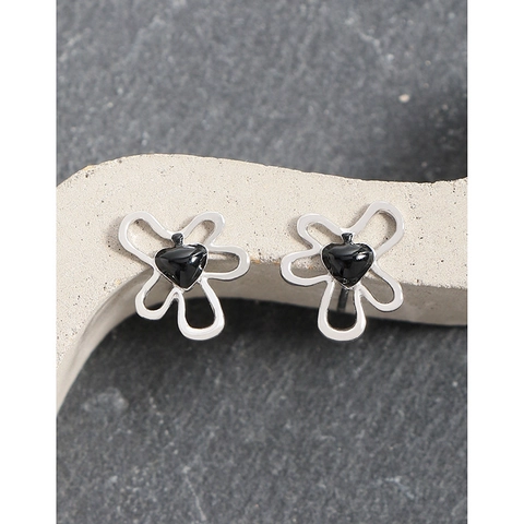 Orecchini a Bottone in Argento Sterling S925 Fiore Cavo Cuore Nero Smaltati per Donna Gioielli Eleganti Minimalisti