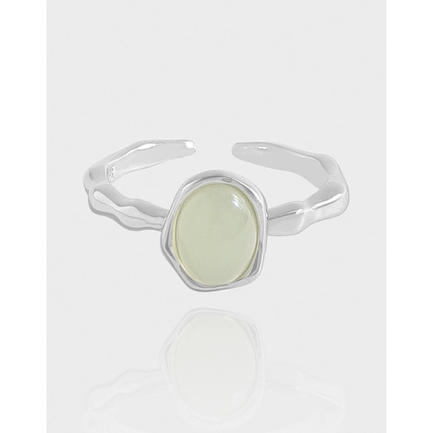 925 Sterling Silver Open Adjustable Ring For Women Light Green Oval Rhinestone Electroplated Minimalist Wave Pattern Ring