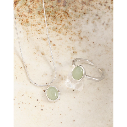 925 Sterling Silver Open Adjustable Ring For Women Light Green Oval Rhinestone Electroplated Minimalist Wave Pattern Ring