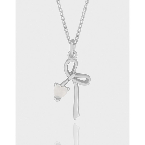 925 Sterling Silver Bowknot Heart Agate Necklace Irregular Design Minimalist Korean Style Silver Clavicle Chain Jewelry For Women