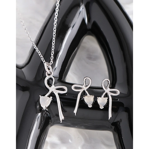 925 Sterling Silver Bowknot Heart Agate Necklace Irregular Design Minimalist Korean Style Silver Clavicle Chain Jewelry For Women