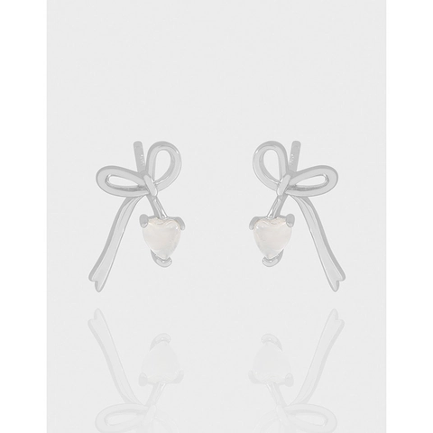 Orecchini a Bottone in Argento Sterling 925 a Fiocco con Cuore di Agata per Donna Stile Ins Coreano Intarsiati con Pietra di Luna