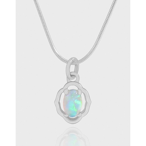 S925 Sterling Silver Opal Necklace For Women Korean Ins Style Hollow Flower Wreath Pendant Snake Chain Minimalist Jewelry