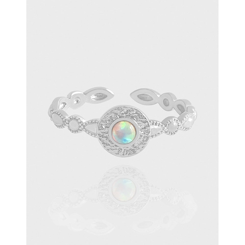 S925 Sterlingsilber Künstlicher Opal Rundscheibe Offener Ring Für Damen Verstellbar Vintage Gehämmertes Band Schmuck Fingerring