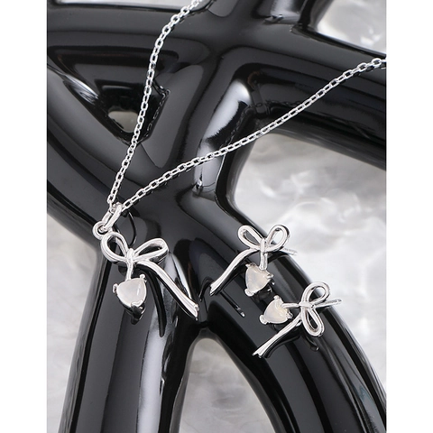 Orecchini a Bottone in Argento Sterling 925 a Fiocco con Cuore di Agata per Donna Stile Ins Coreano Intarsiati con Pietra di Luna