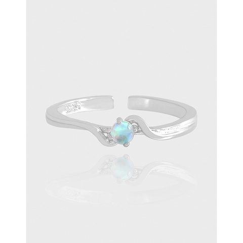 S925 Sterling Silver Minimalist Coiled Line Open Ring For Women Synthetic Opal Round Stone Adjustable Geometric Finger Ring Elegant Jewelry Gift