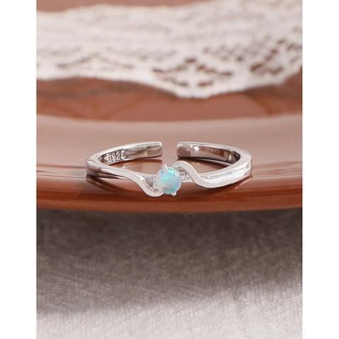 S925 Sterling Silver Minimalist Coiled Line Open Ring For Women Synthetic Opal Round Stone Adjustable Geometric Finger Ring Elegant Jewelry Gift