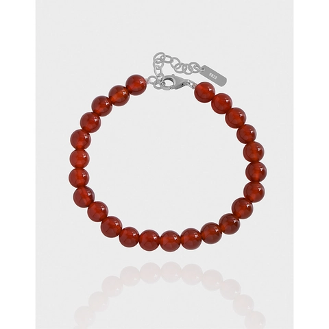 Pulsera de Cuentas de Ágata Roja de Plata de Ley S925 para Mujer Estilo INS Coreano Minimalista Cadena Ajustable Joyería
