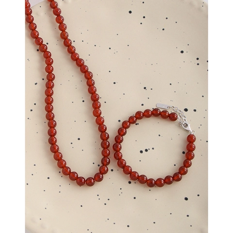 Pulsera de Cuentas de Ágata Roja de Plata de Ley S925 para Mujer Estilo INS Coreano Minimalista Cadena Ajustable Joyería