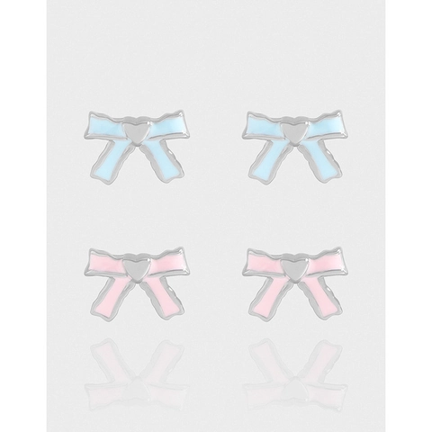 Pendientes de Botón de Lazo Corazón de Plata de Ley 925 Esmalte Rosa Azul Joyas de Moda Estilo Coreano para Mujer