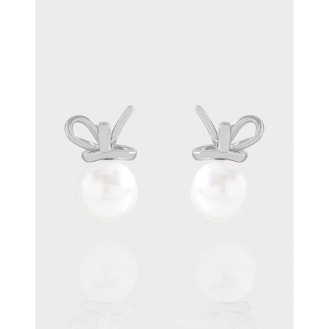 Boucles d'Oreilles Clous en Argent Sterling 925 Nœud Papillon Perle Artificielle Femme Design Irrégulier Or Platine Bijoux