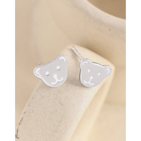 925 Sterling Silver Teddy Bear Stud Earrings For Women Cute Enamel Animal Design Mini Silver White Gold Plated Earrings