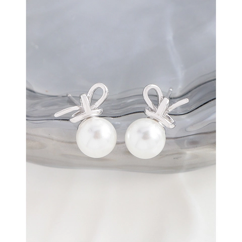 Boucles d'Oreilles Clous en Argent Sterling 925 Nœud Papillon Perle Artificielle Femme Design Irrégulier Or Platine Bijoux