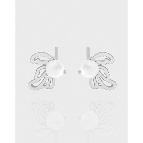 Orecchini a Bottone in Argento Sterling 925 con Farfalla e Perla Ala Traforata Gioielli Minimalisti Eleganti per Donna Placcati in Platino