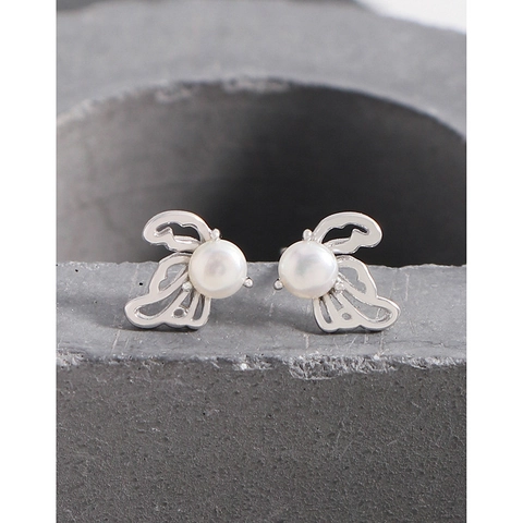 Orecchini a Bottone in Argento Sterling 925 con Farfalla e Perla Ala Traforata Gioielli Minimalisti Eleganti per Donna Placcati in Platino