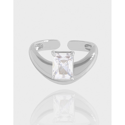 Rectangle Zircon Ring 925 Sterling Silver Adjustable Open Wide Band Geometric Elegant Jewelry For Women