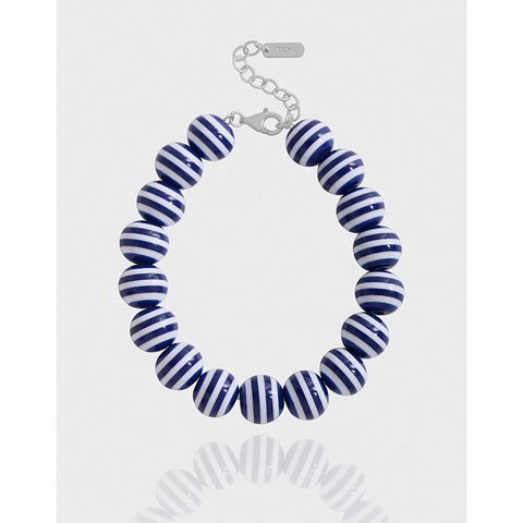 S925 Sterling Silver Beaded Bracelet For Women Navy Blue White Striped Beads Marine Style Adjustable Link Chain Bracelet Jewelry