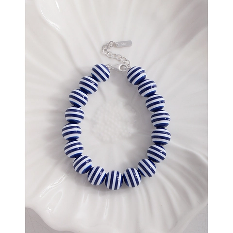 S925 Sterling Silver Beaded Bracelet For Women Navy Blue White Striped Beads Marine Style Adjustable Link Chain Bracelet Jewelry