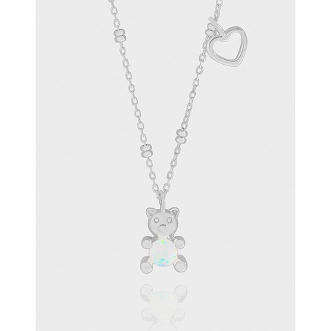 S925 Argento Sterling Orsetto Pendente a Cuore Collana Elegante Stile Coreano Opale Sintetico Collana Animale per Donna Gioielli
