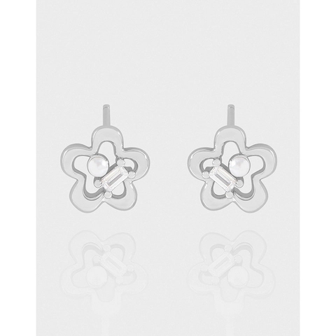 925 Sterling Silver Flower Stud Earrings With Zirconia And Artificial Pearl Elegant Minimalist Jewelry For Women