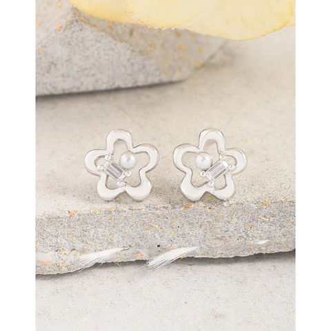 925 Sterling Silver Flower Stud Earrings With Zirconia And Artificial Pearl Elegant Minimalist Jewelry For Women