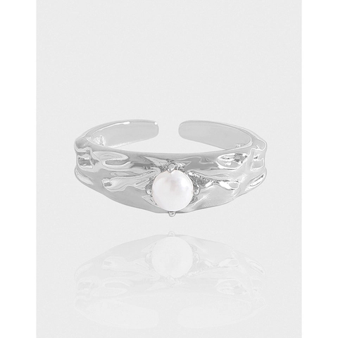 S925 Sterling Silver Irregular Lava Texture Open Ring For Women Minimalist Artificial Pearl Adjustable Finger Ring Jewelry