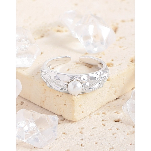 S925 Sterling Silver Irregular Lava Texture Open Ring For Women Minimalist Artificial Pearl Adjustable Finger Ring Jewelry