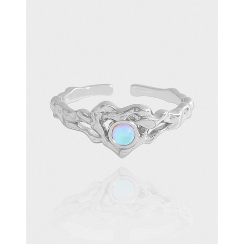 925 Sterling Silver Heart Moonstone Adjustable Open Ring For Women Minimalist Irregular Molten Texture Luxury Design Finger Ring Gift