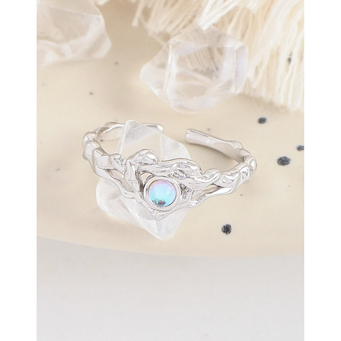 925 Sterling Silver Heart Moonstone Adjustable Open Ring For Women Minimalist Irregular Molten Texture Luxury Design Finger Ring Gift