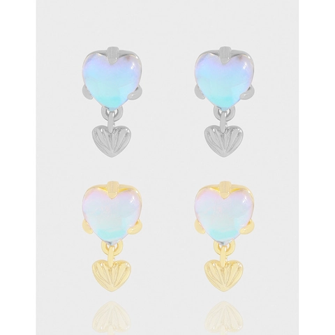 S925 Sterling Silver Heart Stud Earrings For Women Elegant Synthetic Moonstone Rhinestone Earrings Jewelry Gift