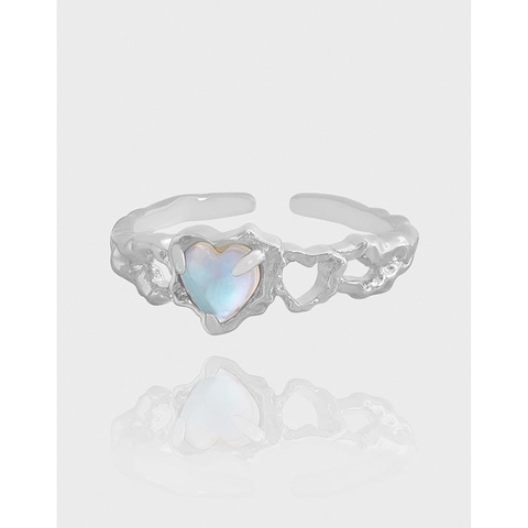 925 Sterling Zilveren Hart Maansteen Open Ring Voor Vrouwen Koreaanse Iriserende Lava Textuur Verstelbare Ring Sieraden