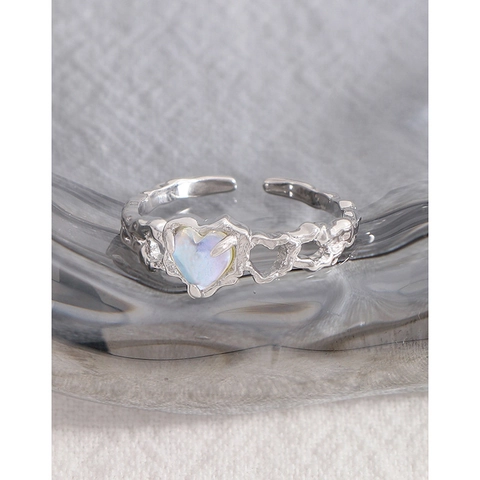925 Sterling Zilveren Hart Maansteen Open Ring Voor Vrouwen Koreaanse Iriserende Lava Textuur Verstelbare Ring Sieraden