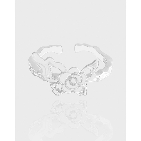 S925 Sterling Silver Rose Flower Butterfly Open Ring For Women Textured Vintage Adjustable Jewelry Silver Finger Ring Gift