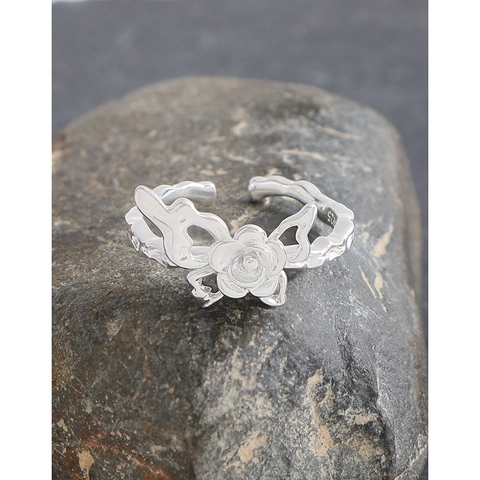 S925 Sterling Silver Rose Flower Butterfly Open Ring For Women Textured Vintage Adjustable Jewelry Silver Finger Ring Gift