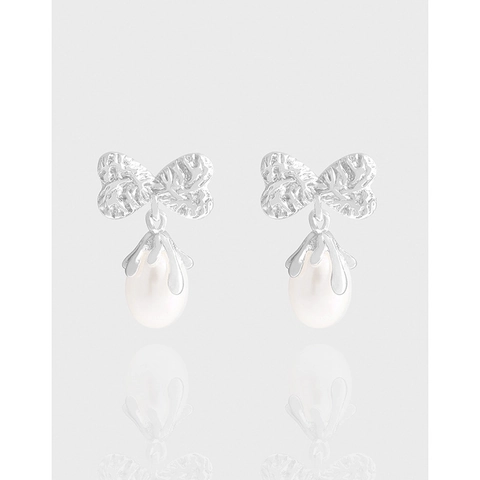 925 Sterlingsilber Schleife Künstliche Perle Ohrhänger Elegante Gehämmerte Strass Herz Knoten Ohrstecker Für Damen Schmuck