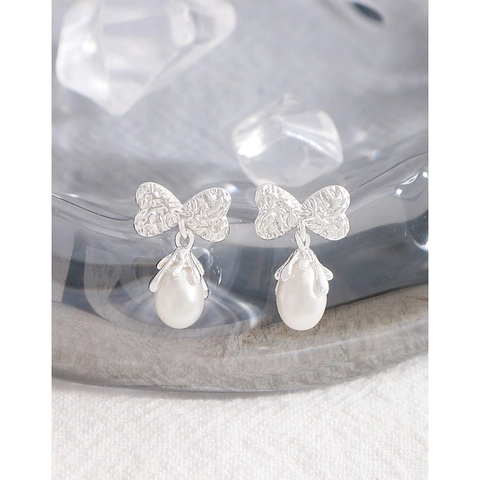 925 Sterlingsilber Schleife Künstliche Perle Ohrhänger Elegante Gehämmerte Strass Herz Knoten Ohrstecker Für Damen Schmuck